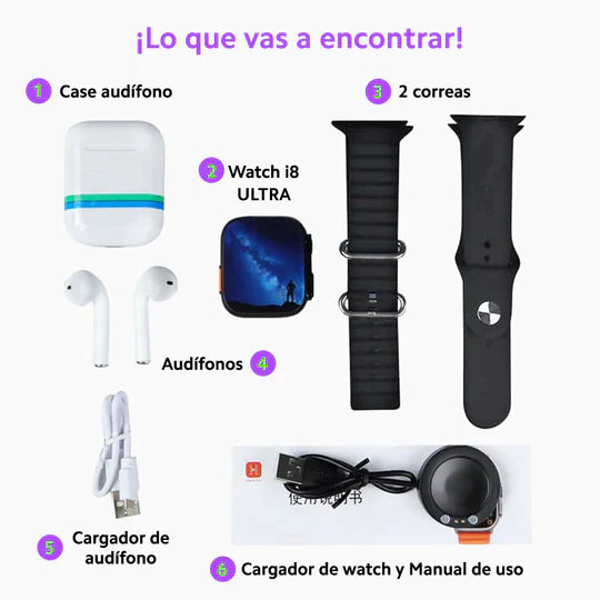 PACK SMARTWATCH I8 ULTRA + AUDÍFONOS BLUETOOTH